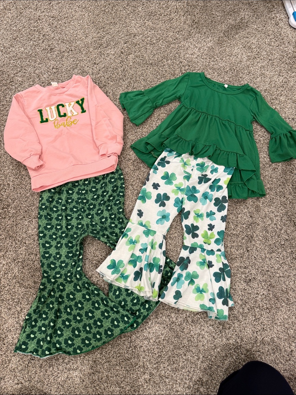 2 sets! Girls Green Tunic and Pink Sweatshirt with Shamrock Bell-Bottoms